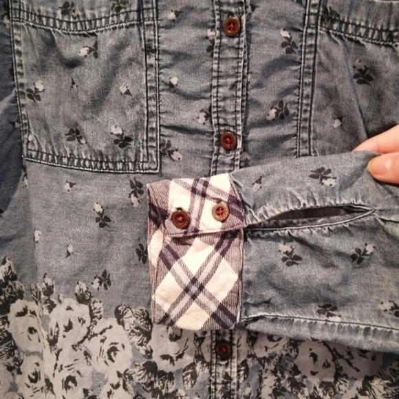 Free People Dottie Over You Chambray Button Up Floral and Plaid Blouse Medium - Picture 5 of 16